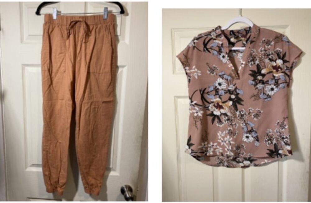 Women's size Medium Business Casual Outfit Tan Baggy Pants and Flower Top